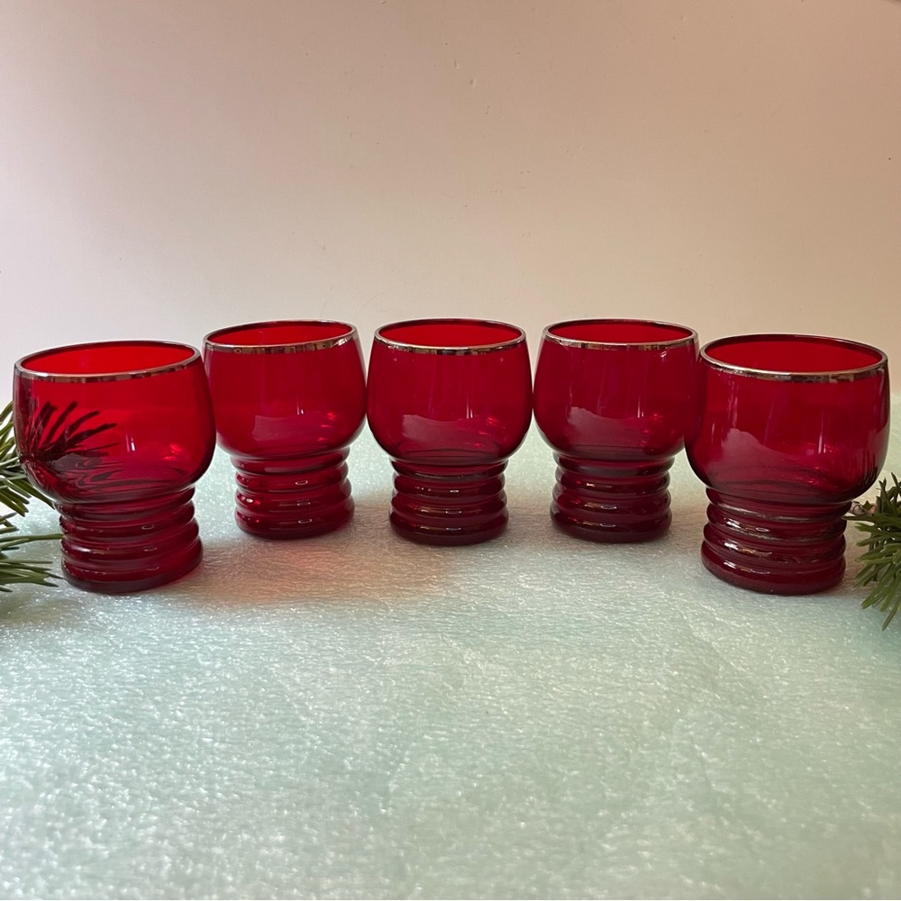 Set of 4 Ruby Red Imperial Glass Shaeffer  Cordial Glasses With Silver Rim